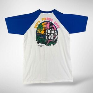 Vintage Jeffs Pirate Cove Raglan T Shirt Blue White Made USA King Cotton Guam